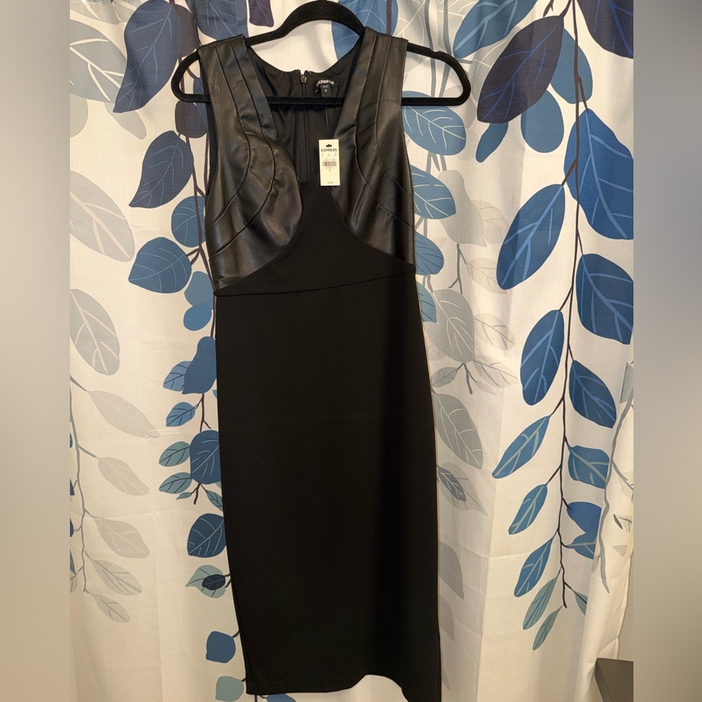 SOLD ——Faux Leather Panel Black Sheath Dress